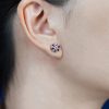 Round Diamond and Ruby Stud Earrings on Body Side Distant round diamond ruby stud earrings 14k gold side distant