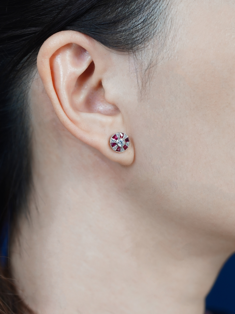 Round Diamond and Ruby Stud Earrings on Body Side Distant round diamond ruby stud earrings 14k gold side distant