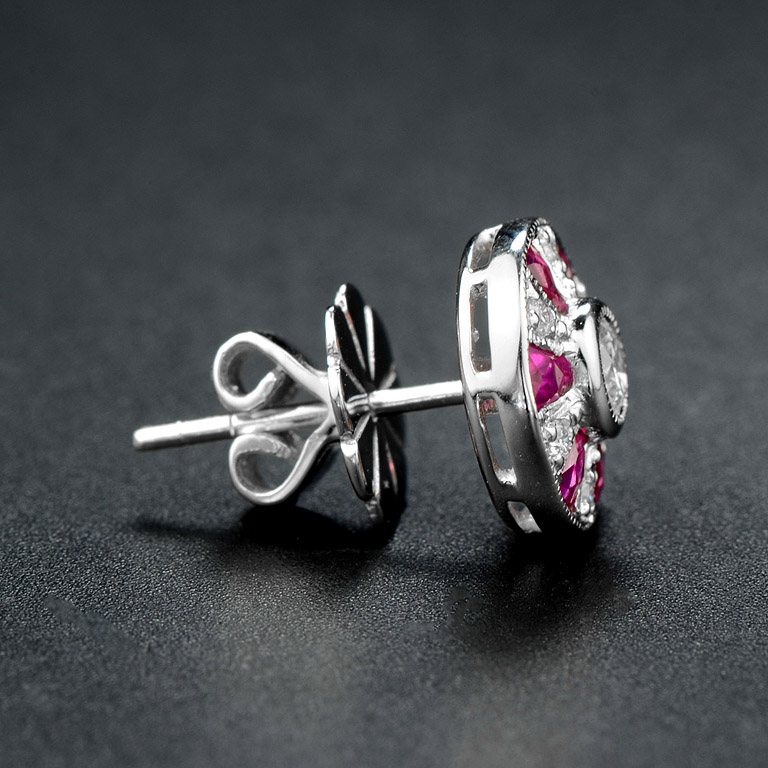 Round Diamond and Ruby Stud Earrings Side round diamond ruby stud earrings 14k gold side