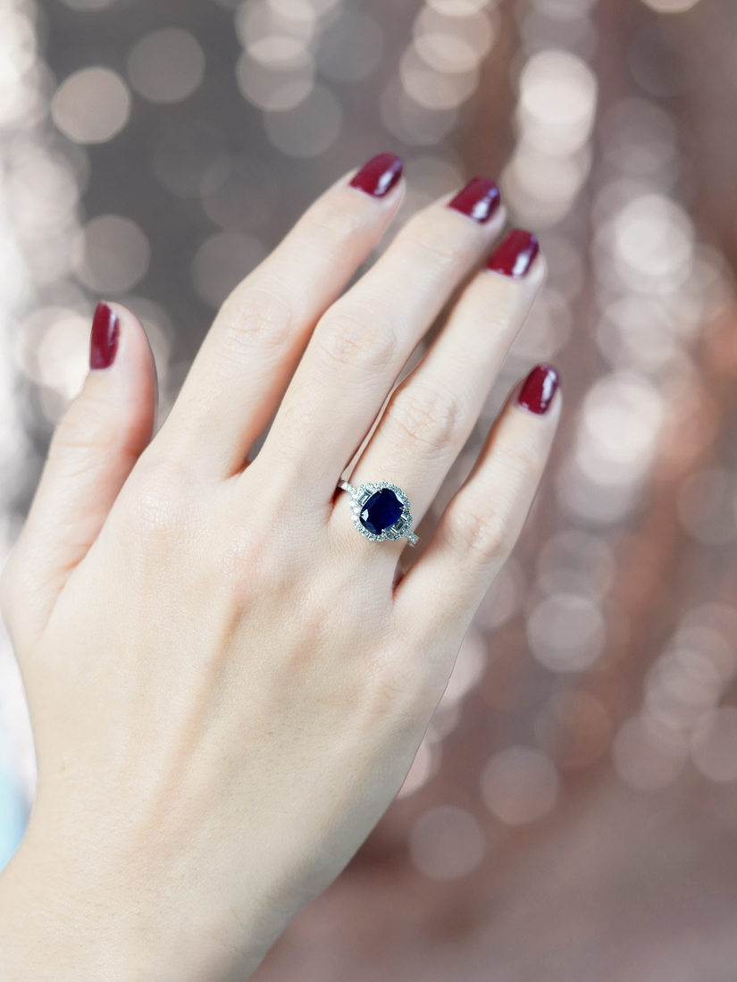 Sapphire and Diamond Engagement Ring on Body Distant Front