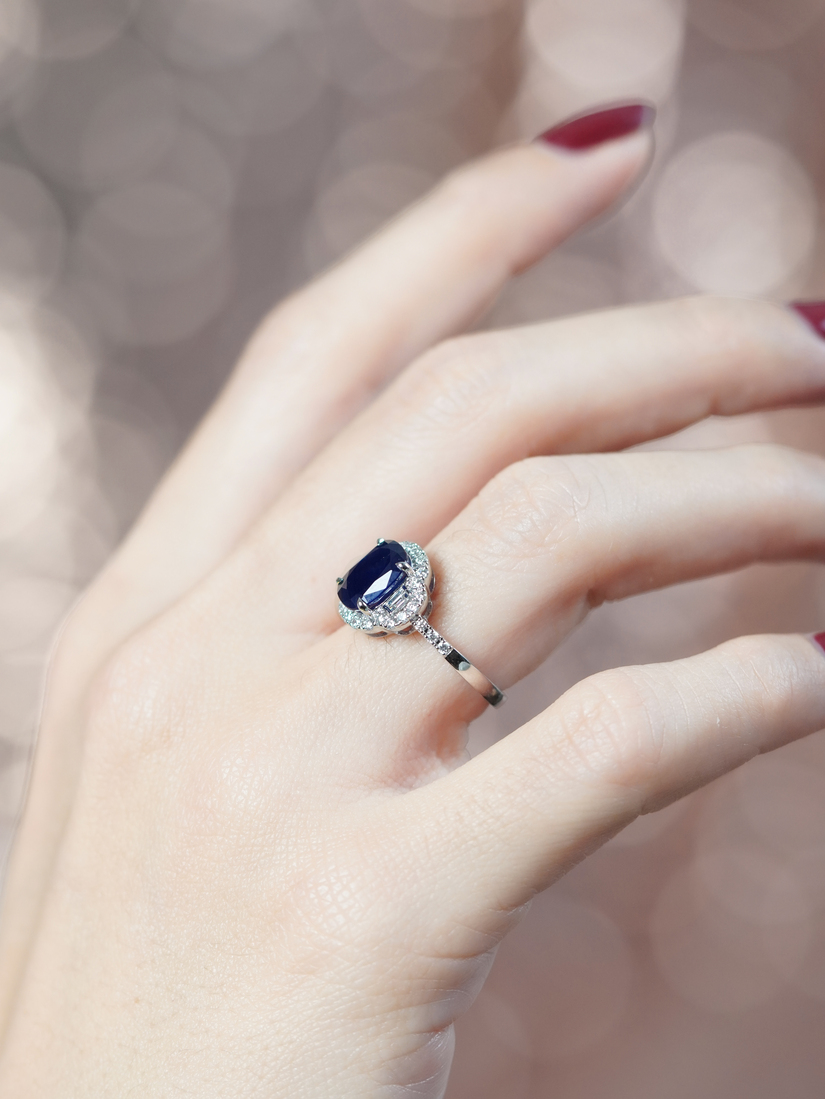 Sapphire and Diamond Engagement Ring on Body Distant Side