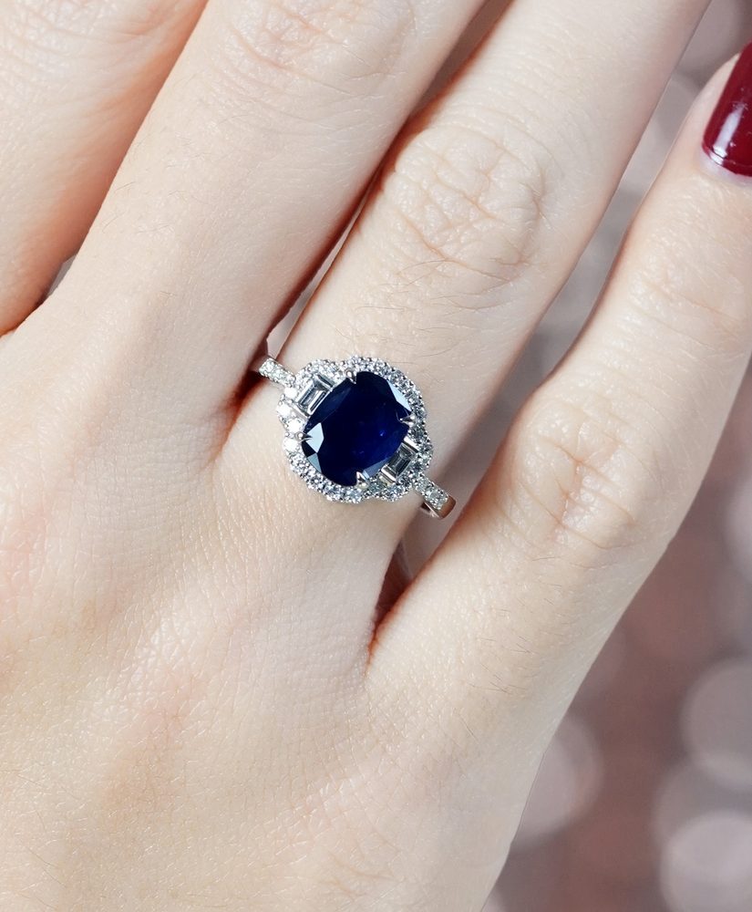 Sapphire and Diamond Engagement Ring on Body Near Front