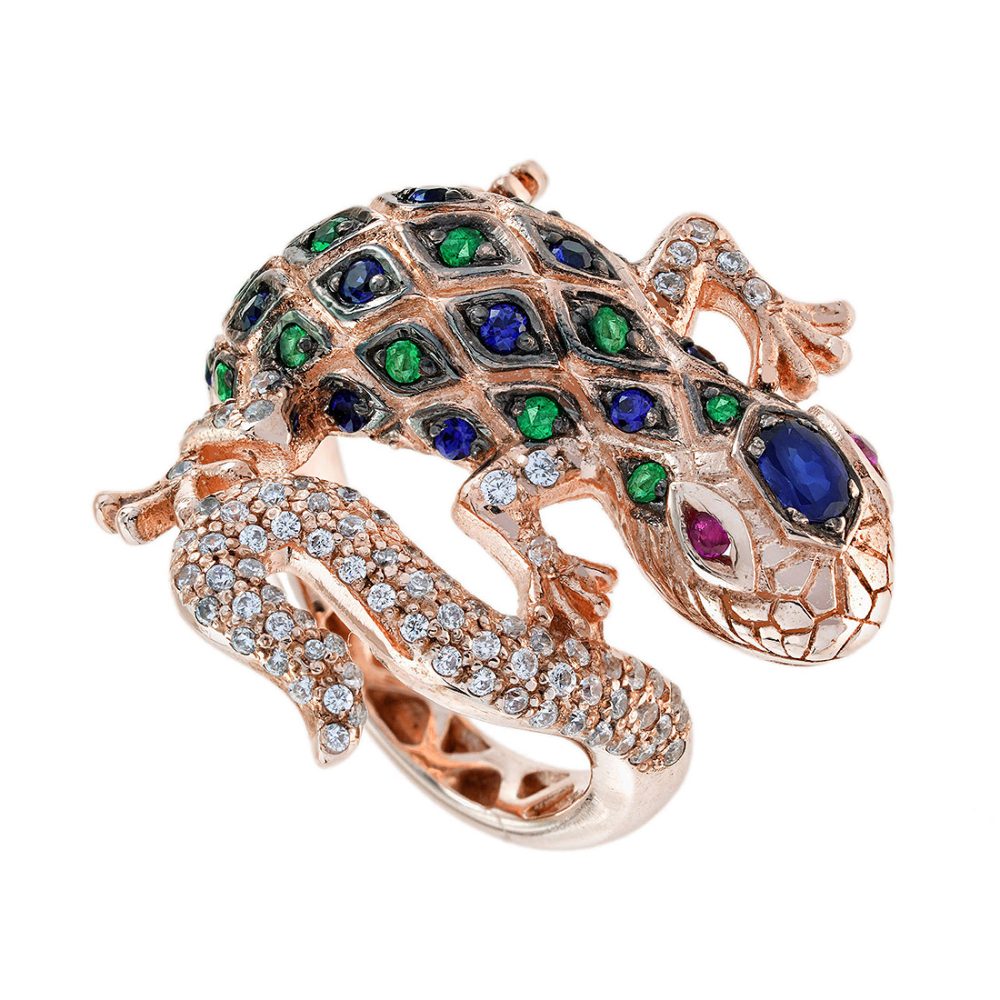 Home 11 Sapphire Ruby Emerald and Diamond Lizard Statement Ring Solid Gold by Lilly M. JEWELERS