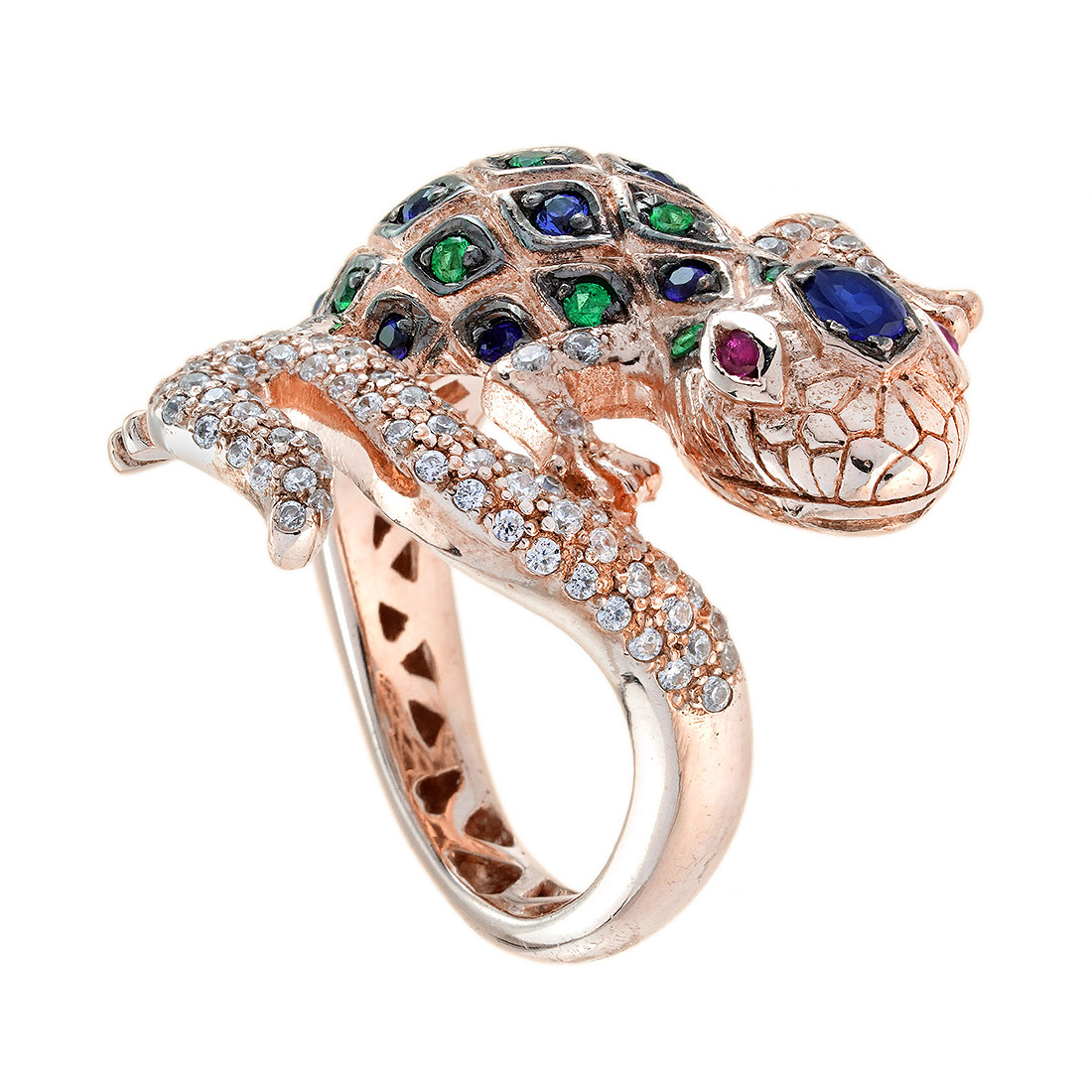 Sapphire Emerald Ruby and Diamond Statement Ring Front Lizard sapphire ruby emerald diamond statement ring 14k gold front lizard