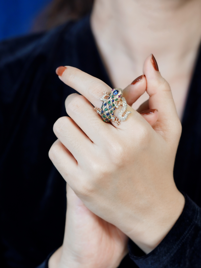 Sapphire Emerald Ruby and Diamond Statement Ring on Body Front Distant sapphire ruby emerald diamond statement ring 14k gold on body front distant