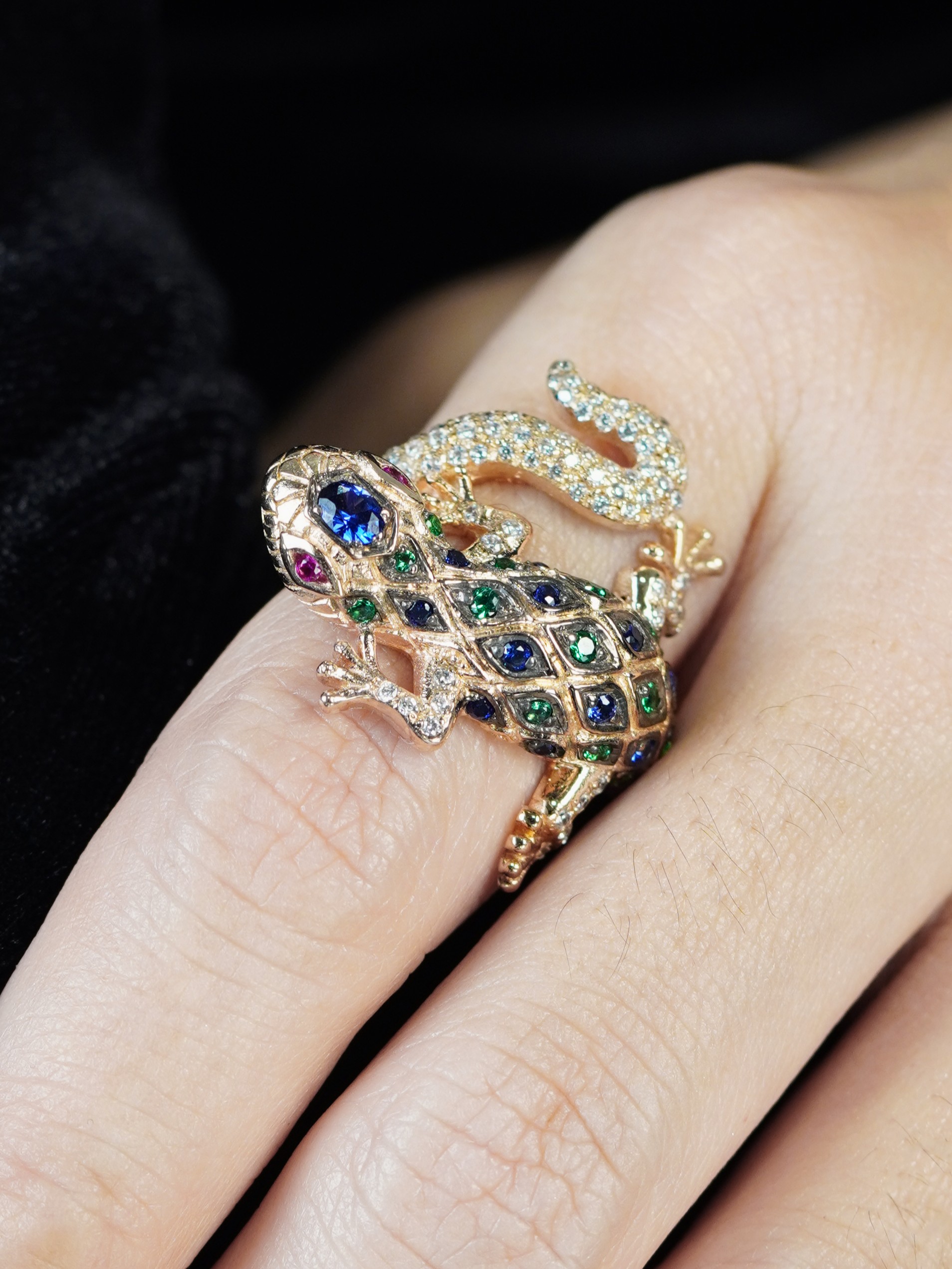 Sapphire Emerald Ruby and Diamond Statement Ring on Body Front Near sapphire ruby emerald diamond statement ring 14k gold on body front near