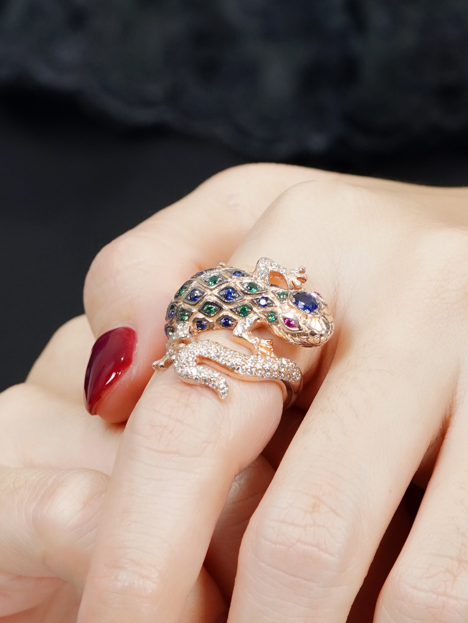 Sapphire Emerald Ruby and Diamond Statement Ring on Body Side Near sapphire ruby emerald diamond statement ring 14k gold on body side near
