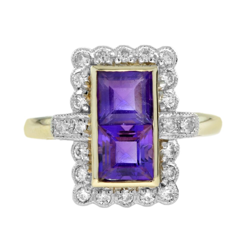 Square Amethyst Halo Ring with Diamond in Solid Gold by Lilly M. JEWELERS