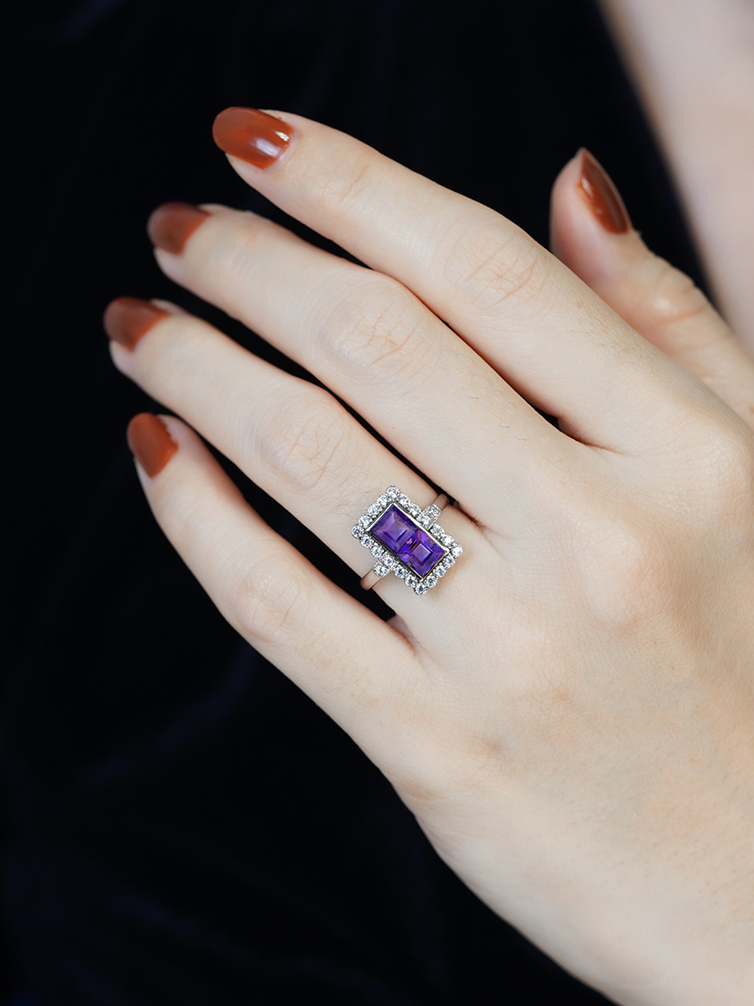Square Amethyst Halo Ring with Diamond in Solid Gold on Body Front Distant Square Amethyst Halo Ring with Diamond in Solid Gold by Lilly M. JEWELERS on Body Front Distant