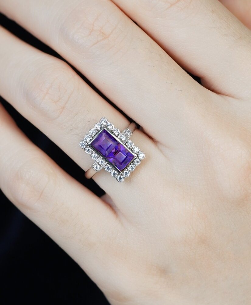 Square Amethyst Halo Ring with Diamond in Solid Gold by Lilly M. JEWELERS on Body Front Near