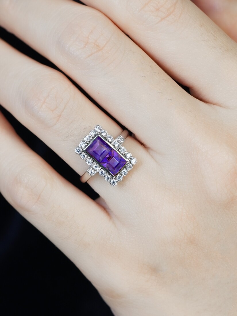 Square Amethyst Halo Ring with Diamond in Solid Gold on Body Front Near Square Amethyst Halo Ring with Diamond in Solid Gold by Lilly M. JEWELERS on Body Front Near