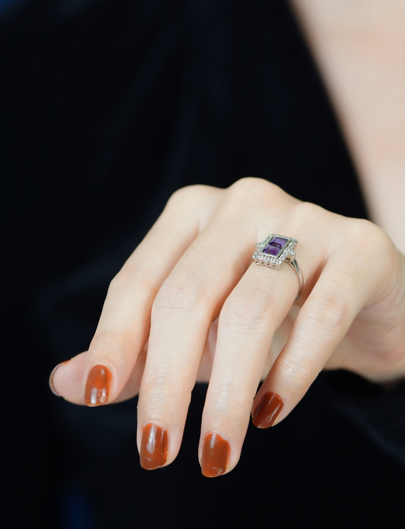Square Amethyst Halo Ring with Diamond in Solid Gold on Body Side Distant Square Amethyst Halo Ring with Diamond in Solid Gold by Lilly M. JEWELERS on Body Side Distant