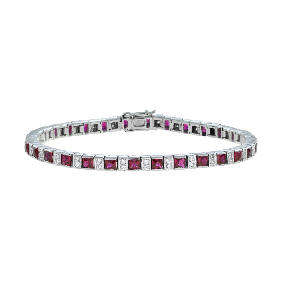 Home 15 Square Ruby Diamond Bracelet Art Deco Style in Solid Gold by Lilly M. JEWELERS