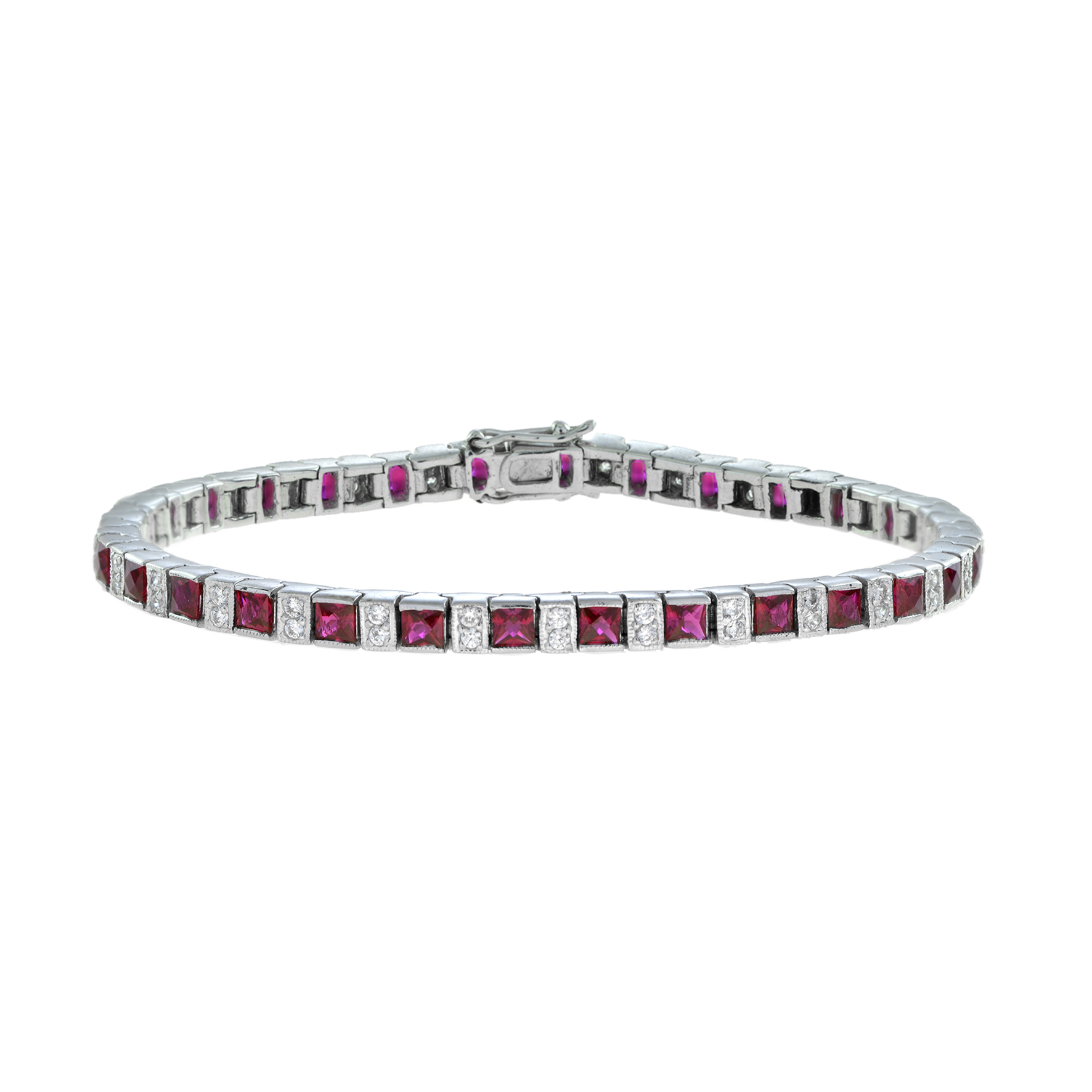 Square Ruby Diamond Bracelet Front Square Ruby Diamond Bracelet Art Deco Style in Solid Gold by Lilly M. JEWELERS