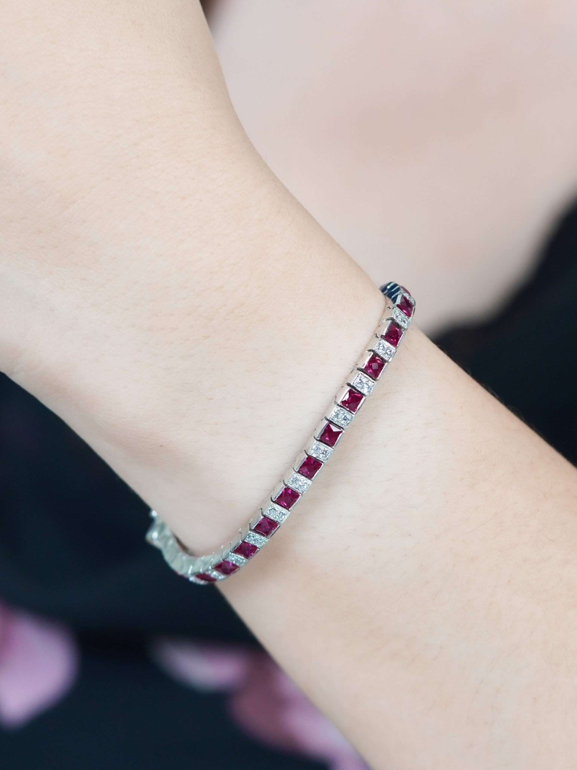 Square Ruby Diamond Bracelet on Body Near square ruby and diamond bracelet 14k gold on body near scaled