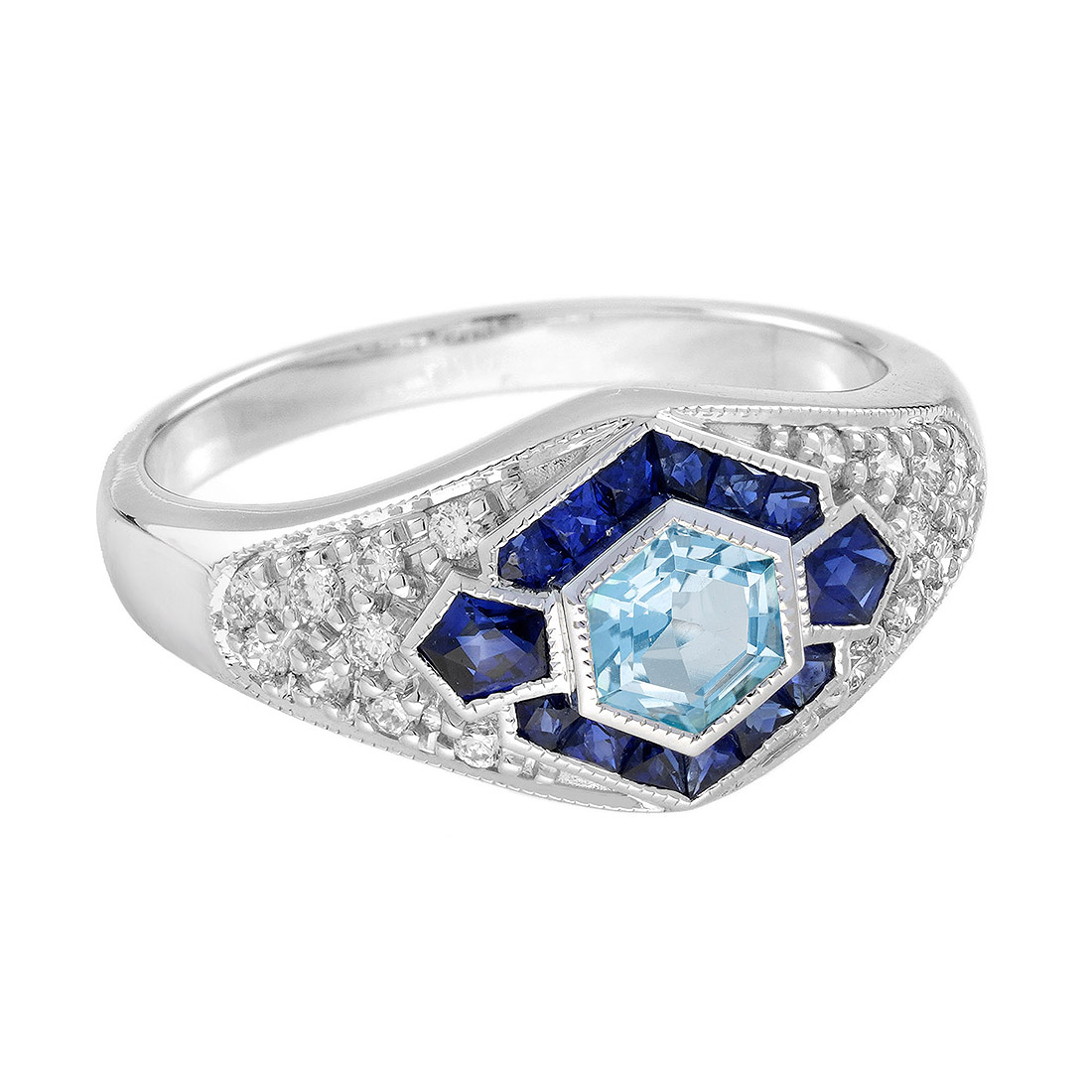 Aquamarine and Blue Sapphire Engagement Ring Angled View