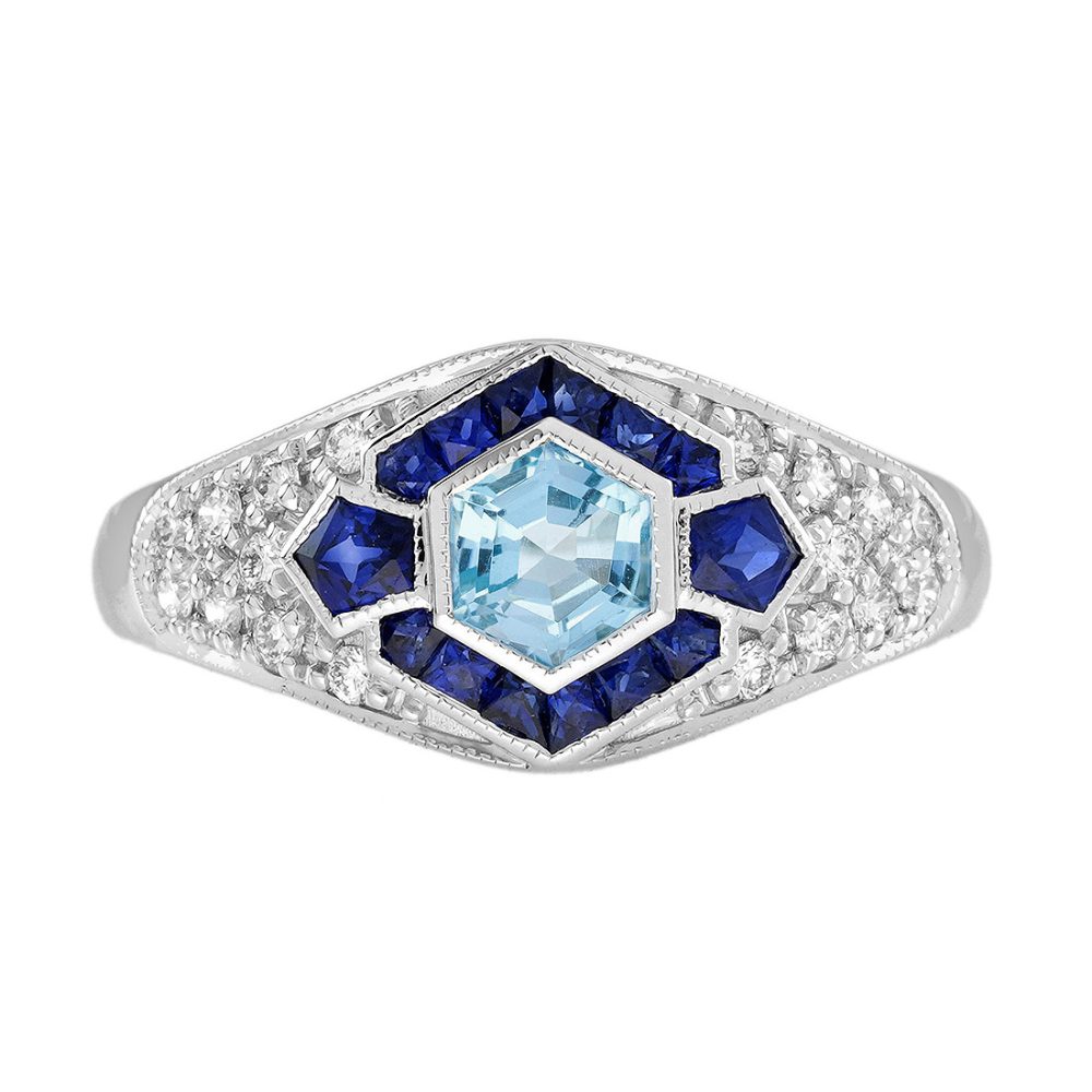 Aquamarine Engagement Ring with Sapphire and Diamond, Solid Gold by Lilly M. JEWELERS