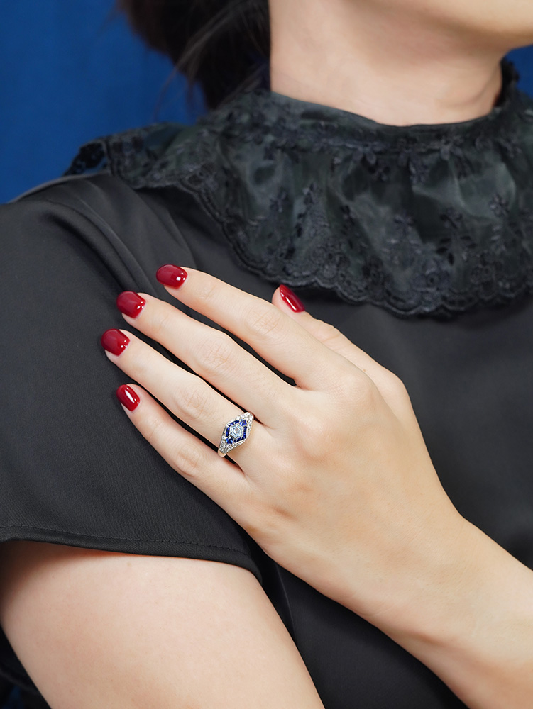Aquamarine and Blue Sapphire Engagement Ring on Body Front Distant
