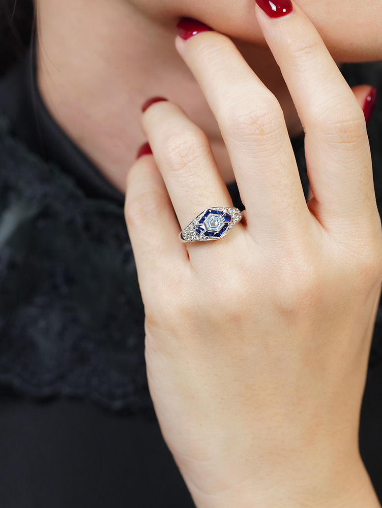 Aquamarine and Blue Sapphire Engagement Ring on Body Front