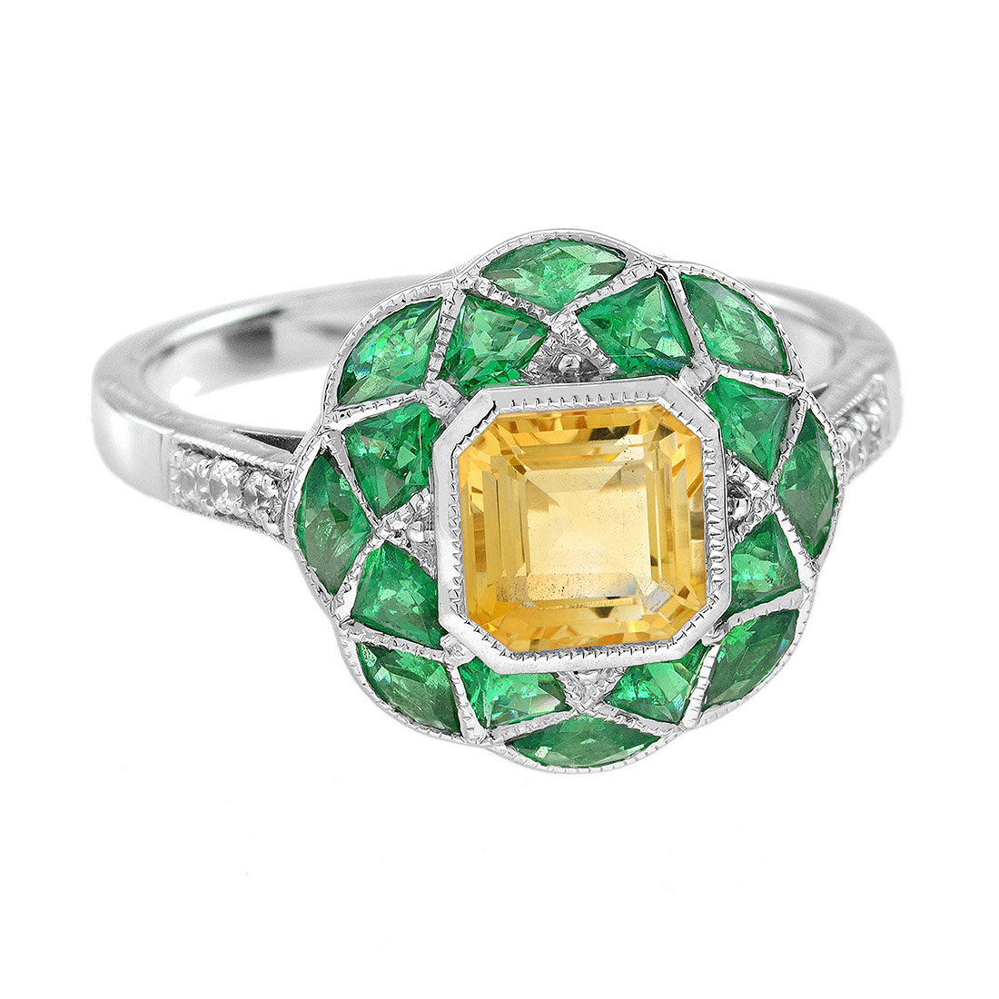 asscher-citrine-emerald-diamond-ring-art-deco-style-14k-gold-angled-view Citrine Emerald Art Deco Style Ring Angled View