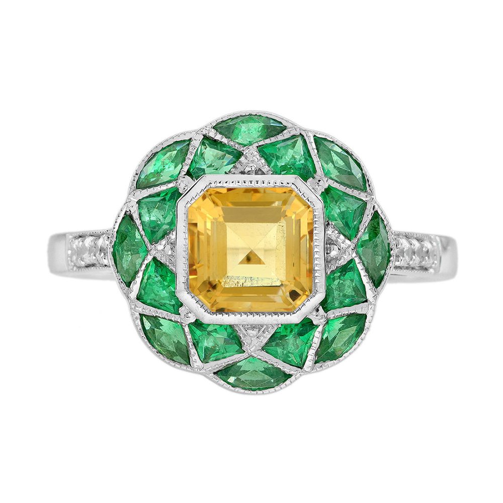 Asscher Citrine Emerald Ring, Art Deco Style, Solid Gold by Lilly M. JEWELERS