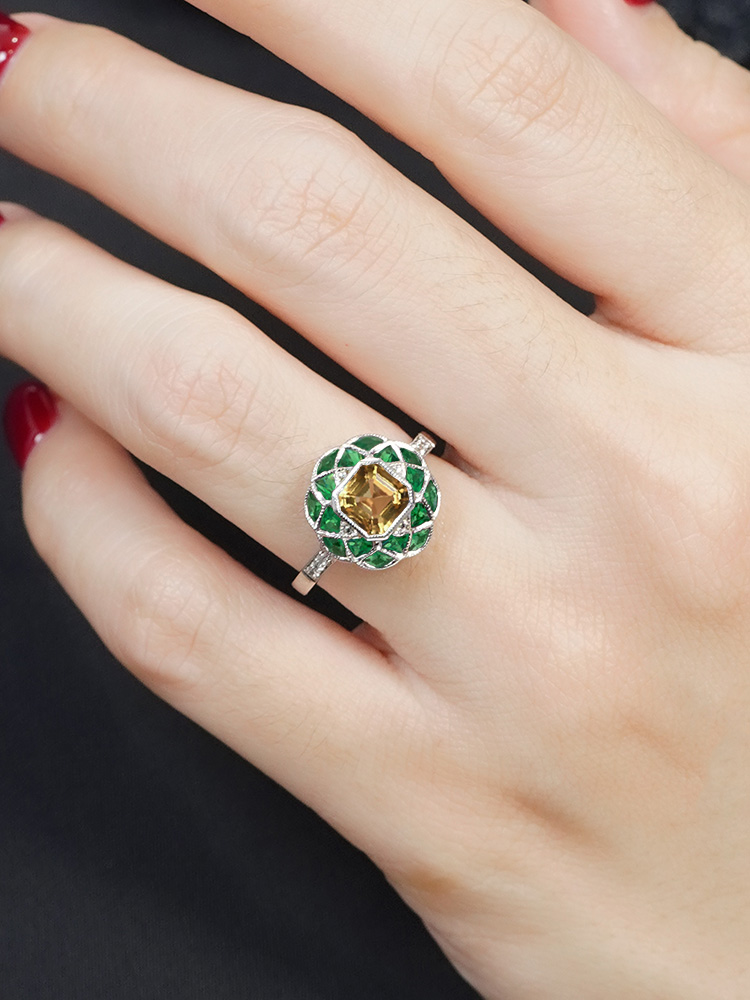 asscher-citrine-emerald-diamond-ring-art-deco-style-14k-gold-on-body-front-near Citrine Emerald Art Deco Style Ring on Body Front Near