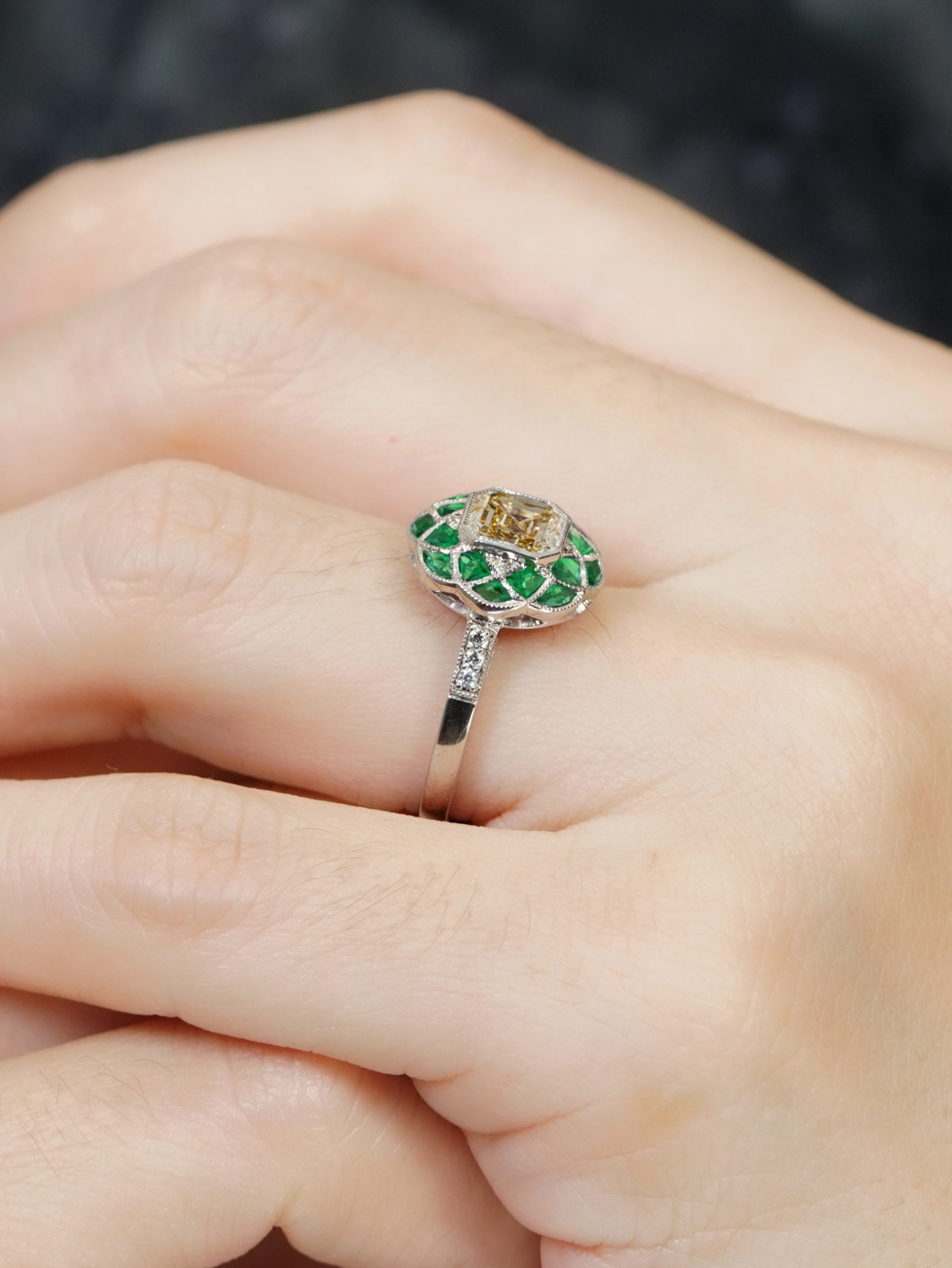 asscher-citrine-emerald-diamond-ring-art-deco-style-14k-gold-on-body-side-near Citrine Emerald Art Deco Style Ring on Body Side Near