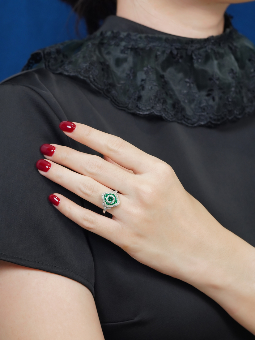 Emerald Cut Emerald Art Deco Style Ring on Body Front Distant