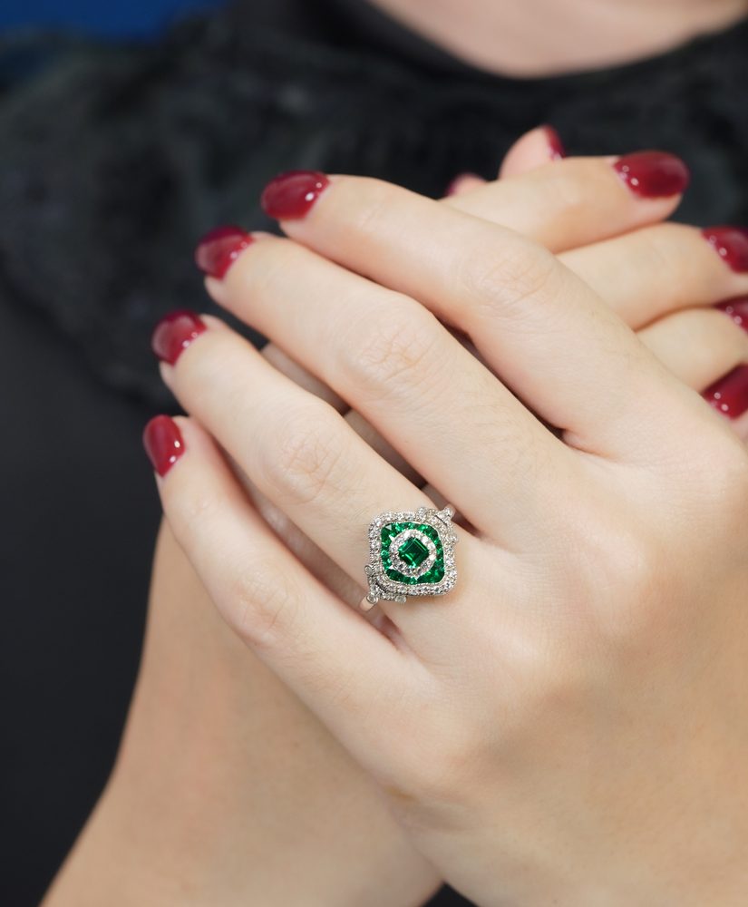 Emerald Cut Emerald Art Deco Style Ring on Body Front Near