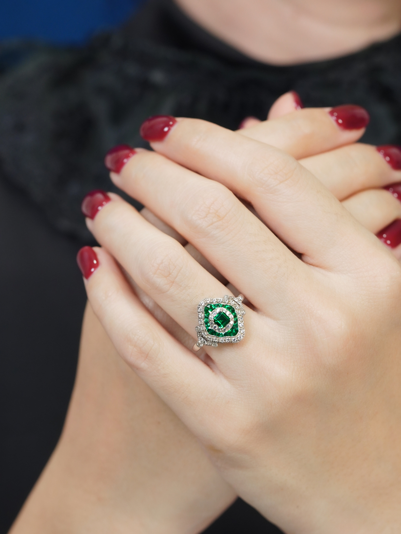 Emerald Cut Emerald Art Deco Style Ring on Body Front Near