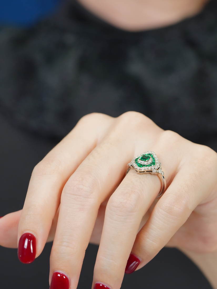 Emerald Cut Emerald Art Deco Style Ring on Body Side Near