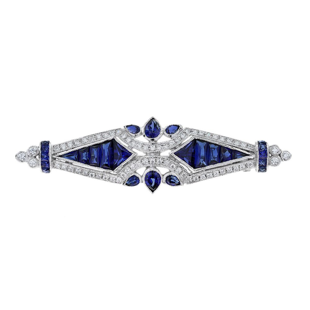 Blue Sapphire Brooch Art Deco Style with Diamond in Solid Gold by Lilly M. JEWELERS