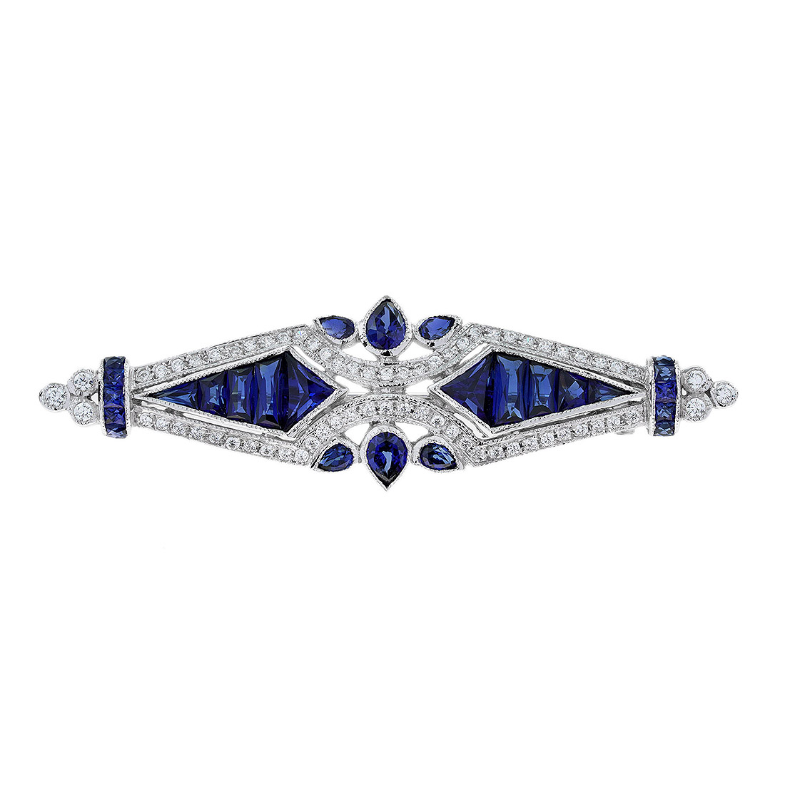 Blue Sapphire and Diamond Brooch Blue Sapphire Brooch Art Deco Style with Diamond in Solid Gold by Lilly M. JEWELERS