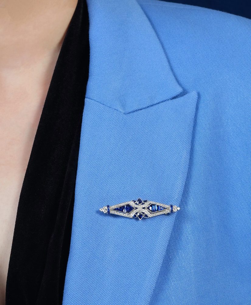 Blue Sapphire and Diamond Brooch on Body Distant