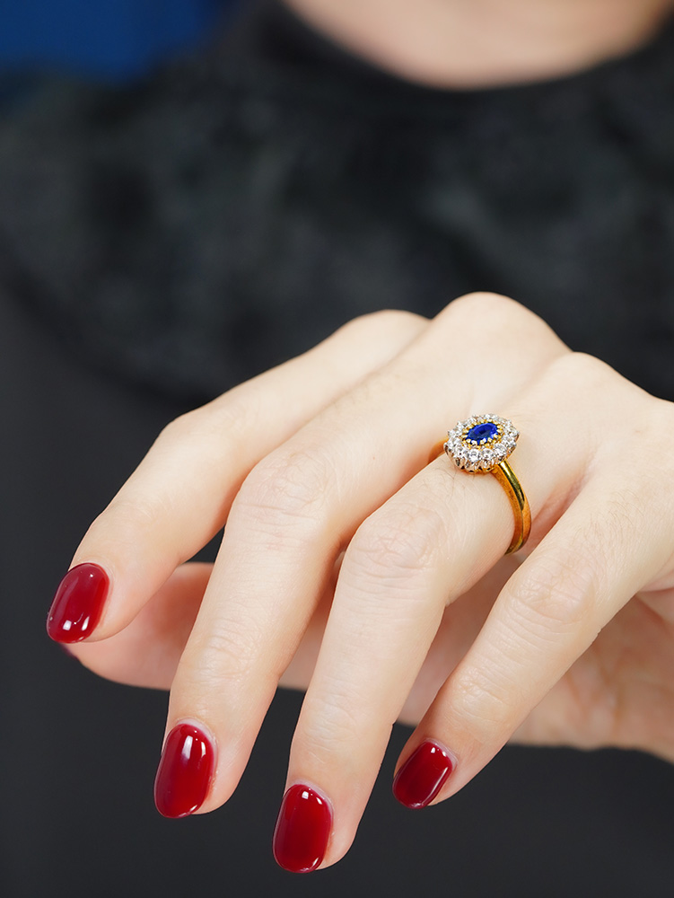 ceylon-sapphire-diamond-halo-engagement-ring-18k-yellow-gold-on-body-side-near Ceylon Sapphire Diamond Halo Engagement Ring on Body Side Near