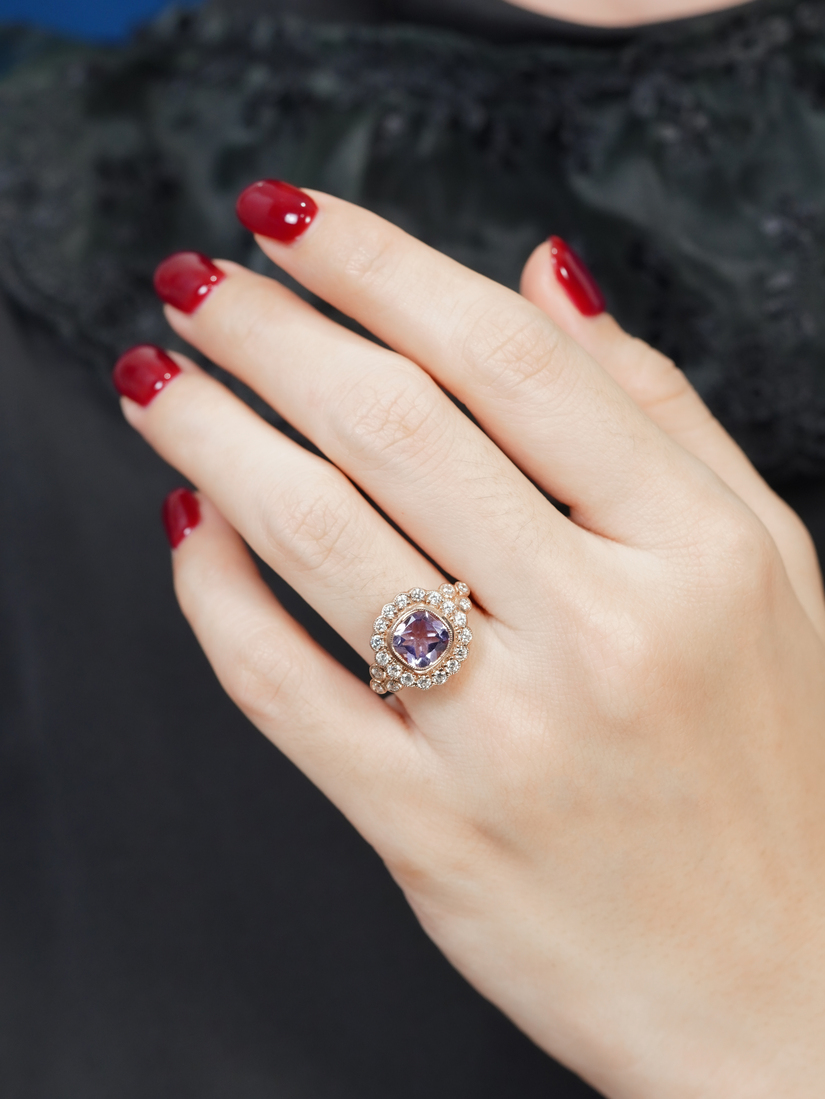 Cushion Pink Amethyst Art Deco Style Ring on Body Front Near