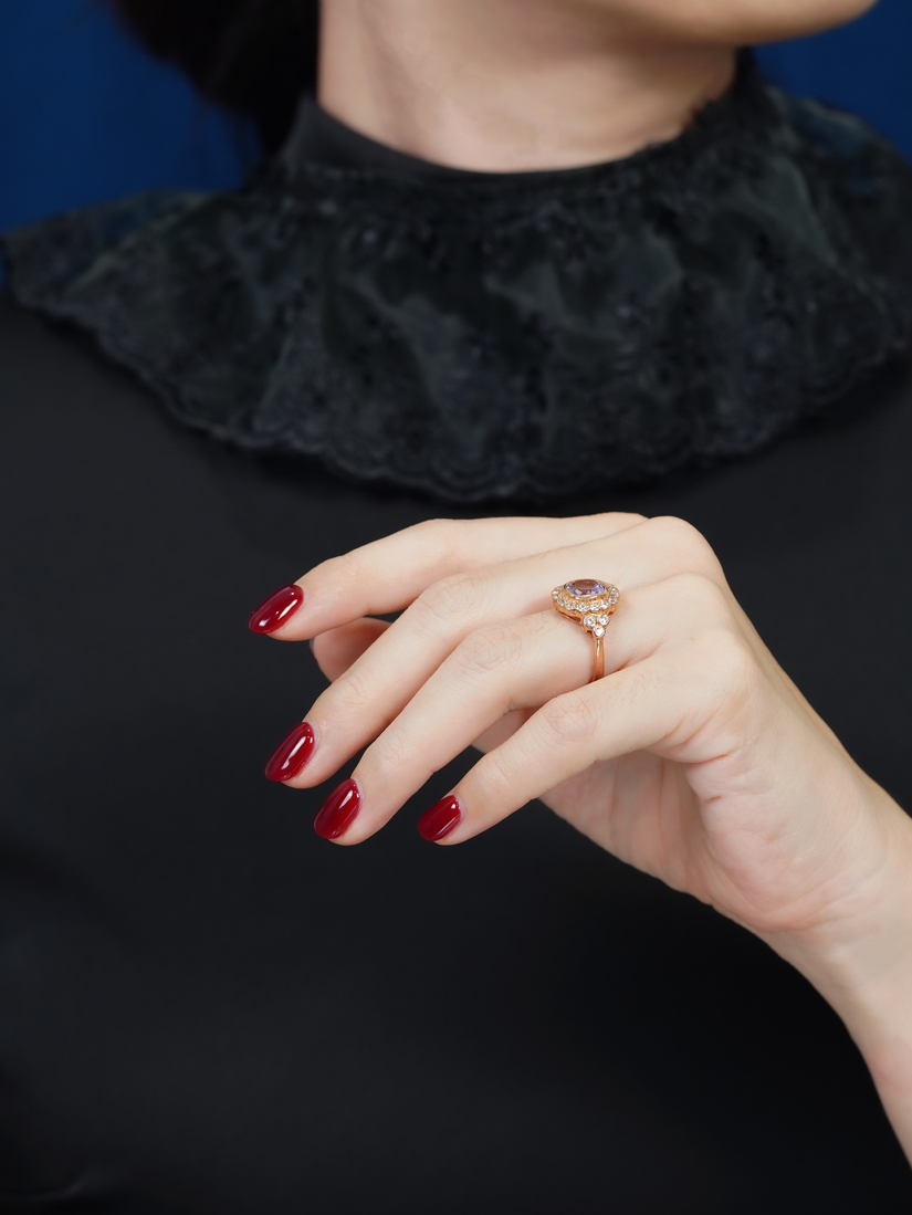 Cushion Pink Amethyst Art Deco Style Ring on Body Side Distant