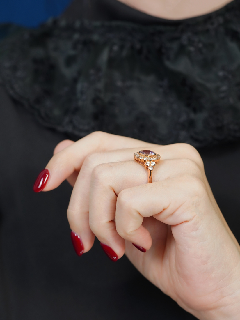 Cushion Pink Amethyst Art Deco Style Ring on Body Side Near
