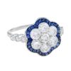 diamond-cluster-blue-sapphire-ring-art-deco-18k-white-gold-angled-view Diamond Cluster and Blue Sapphire Art Deco Style Ring