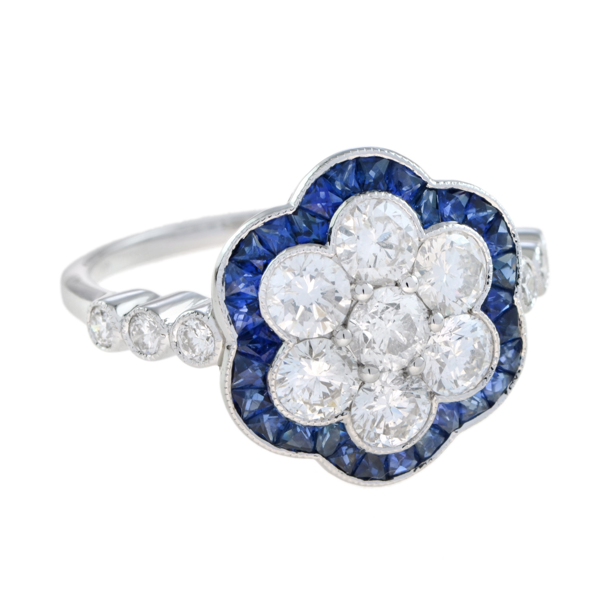 diamond-cluster-blue-sapphire-ring-art-deco-18k-white-gold-angled-view Diamond Cluster and Blue Sapphire Art Deco Style Ring