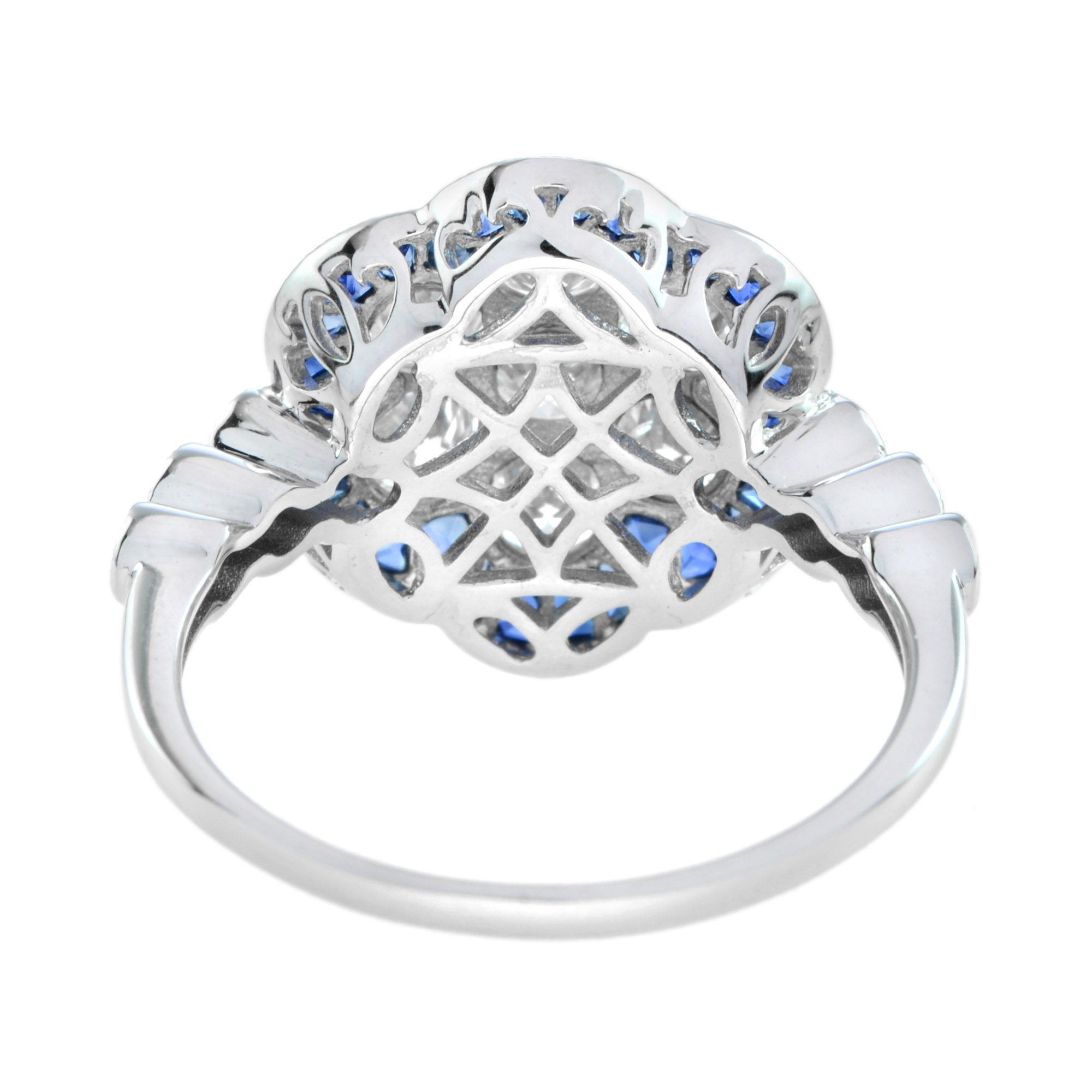 diamond-cluster-blue-sapphire-ring-art-deco-18k-white-gold-back Diamond Cluster and Blue Sapphire Art Deco Style Ring