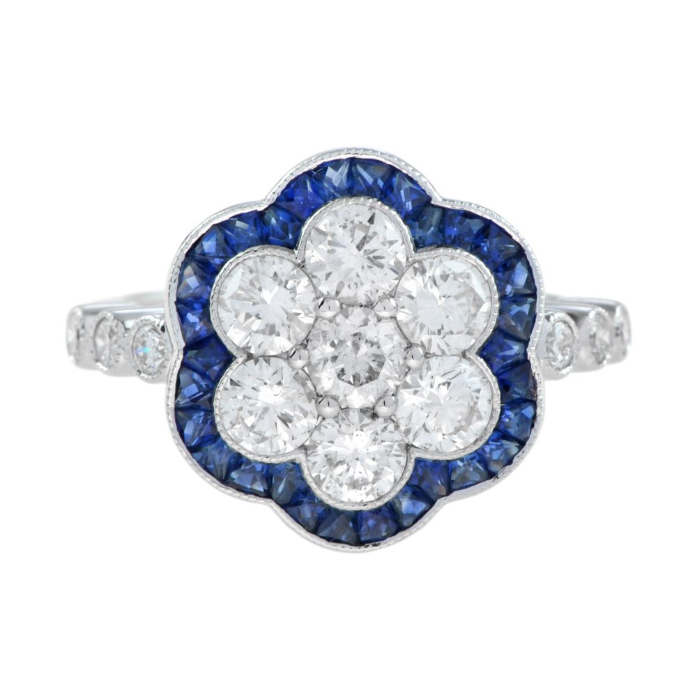 Diamond Cluster Ring with Blue Sapphire, Art Deco Style, Solid Gold by Lilly M. JEWELERS