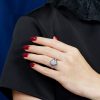 diamond-cluster-blue-sapphire-ring-art-deco-18k-white-gold-on-body-front-distant Diamond Cluster and Blue Sapphire Art Deco Style Ring