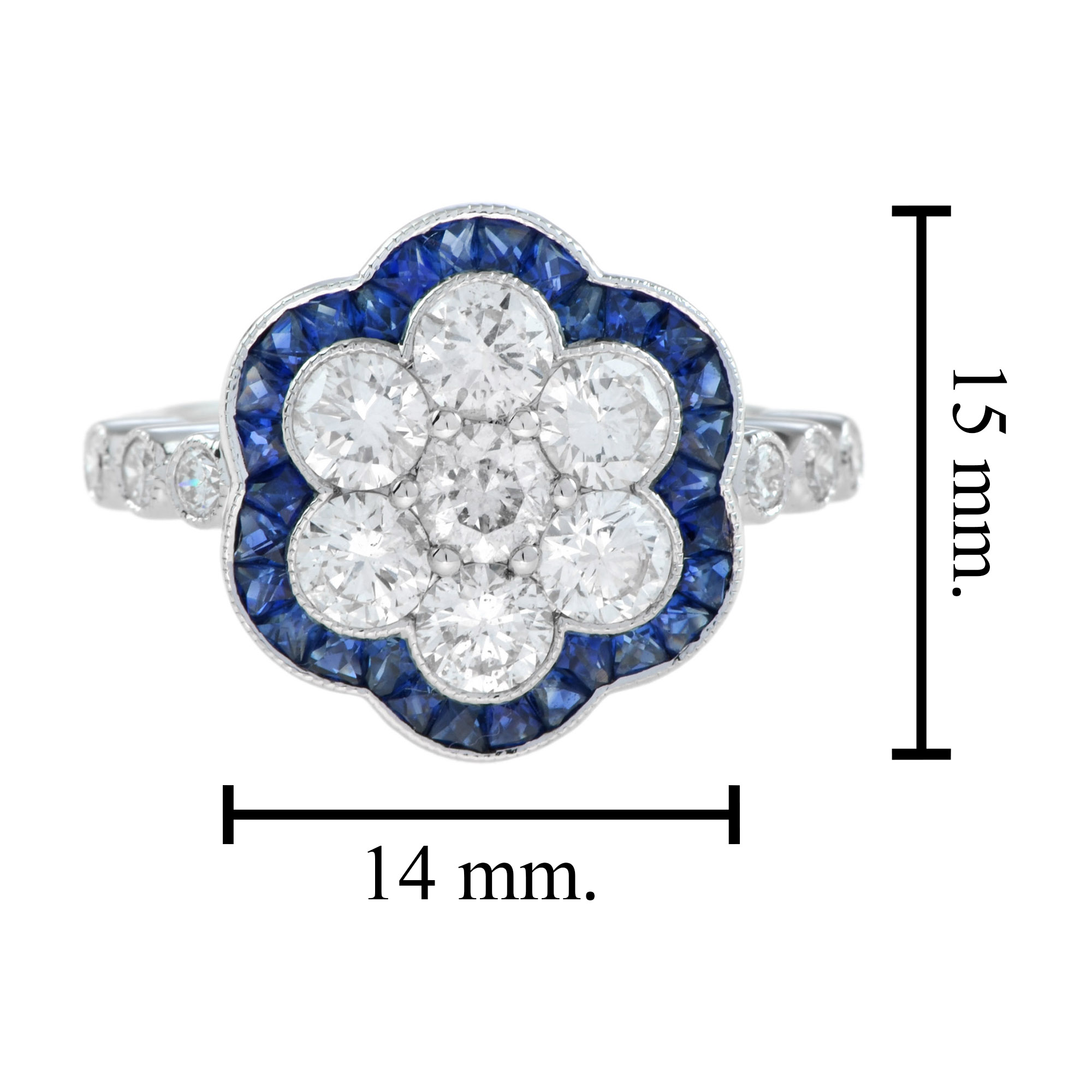 diamond-cluster-blue-sapphire-ring-art-deco-18k-white-gold-size Diamond Cluster and Blue Sapphire Art Deco Style Ring