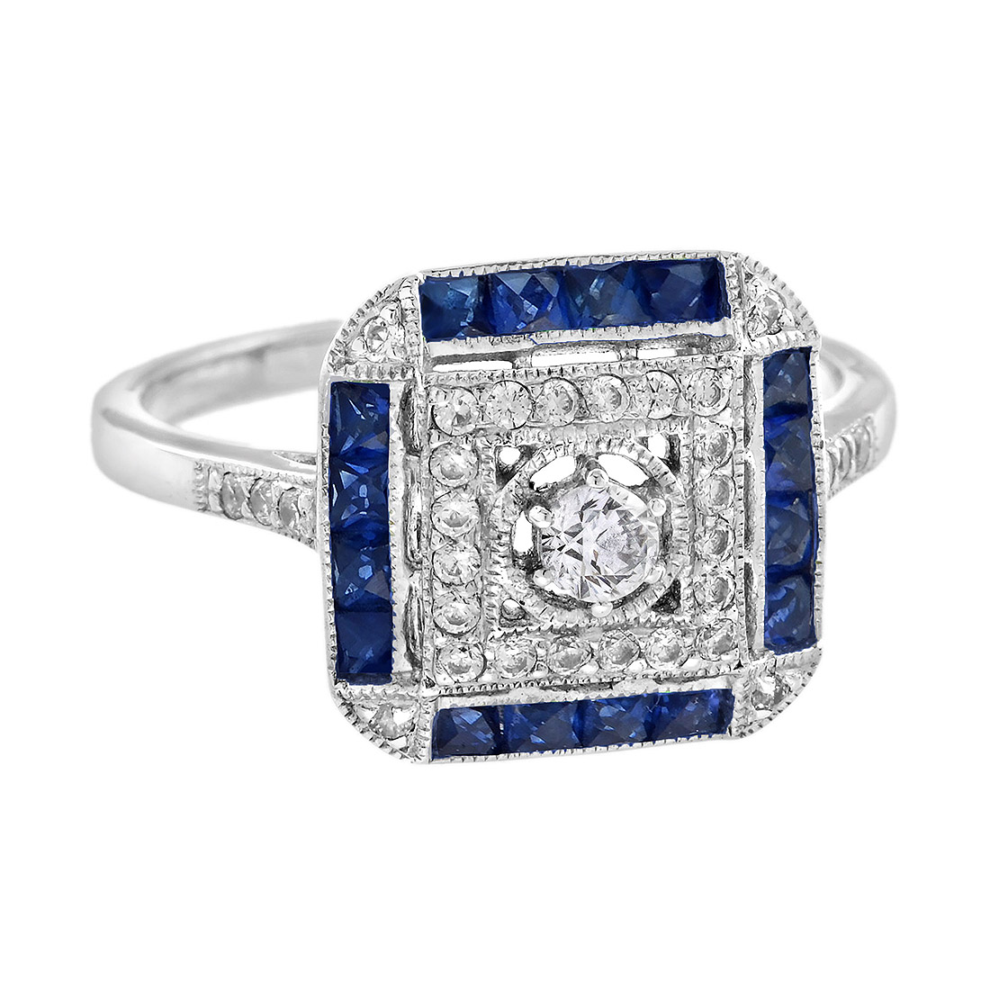 diamond-sapphire-halo-ring-art-deco-style-14k-white-gold-angled-view Diamond and Sapphire Art Deco Style Halo Ring Angled View