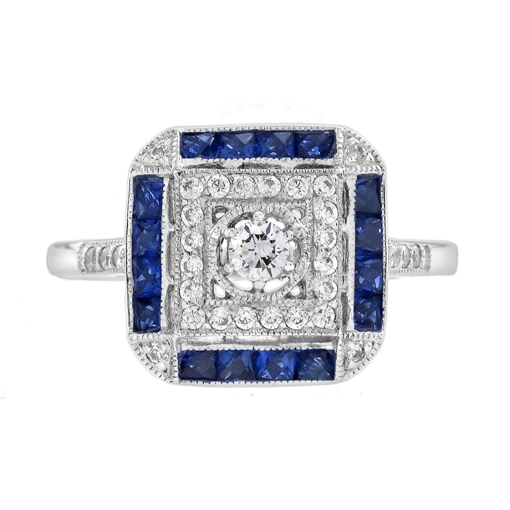 Diamond Halo Ring, Art Deco Style, Solid Gold by Lilly M. JEWELERS
