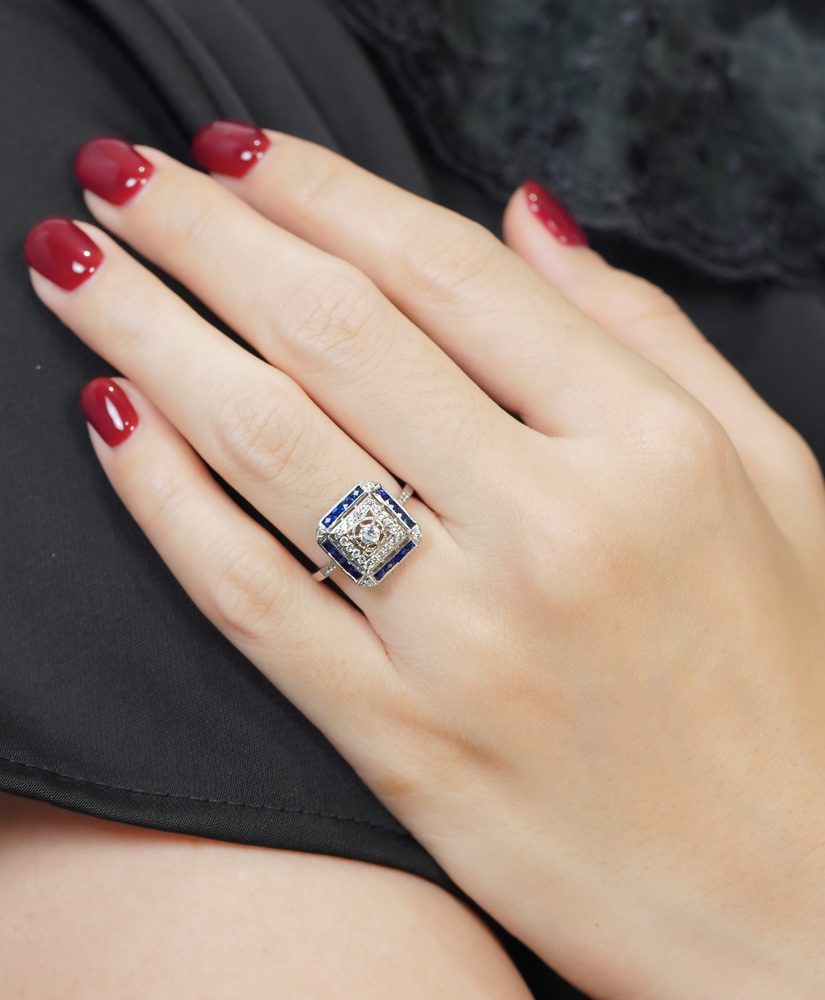 Diamond and Sapphire Art Deco Style Halo Ring on Body Front Near