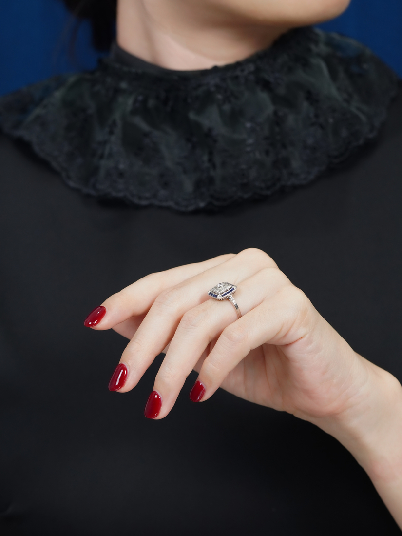 diamond-sapphire-halo-ring-art-deco-style-14k-white-gold-on-body-side-distant Diamond and Sapphire Art Deco Style Halo Ring on Body Side Distant