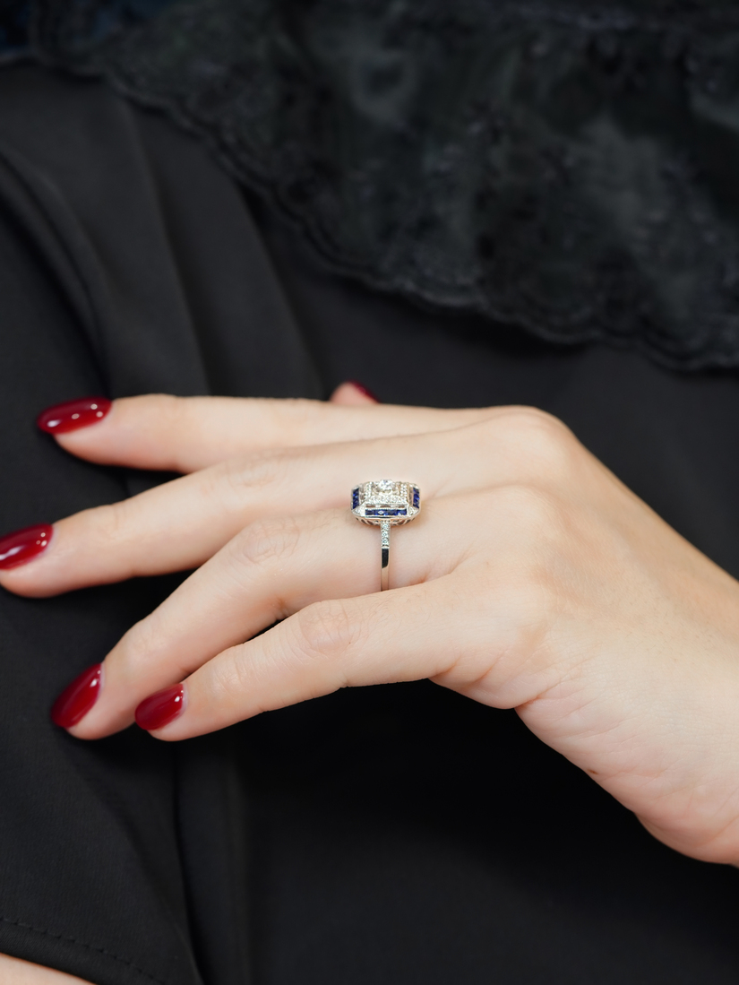 diamond-sapphire-halo-ring-art-deco-style-14k-white-gold-on-body-side-near Diamond and Sapphire Art Deco Style Halo Ring on Body Side Near