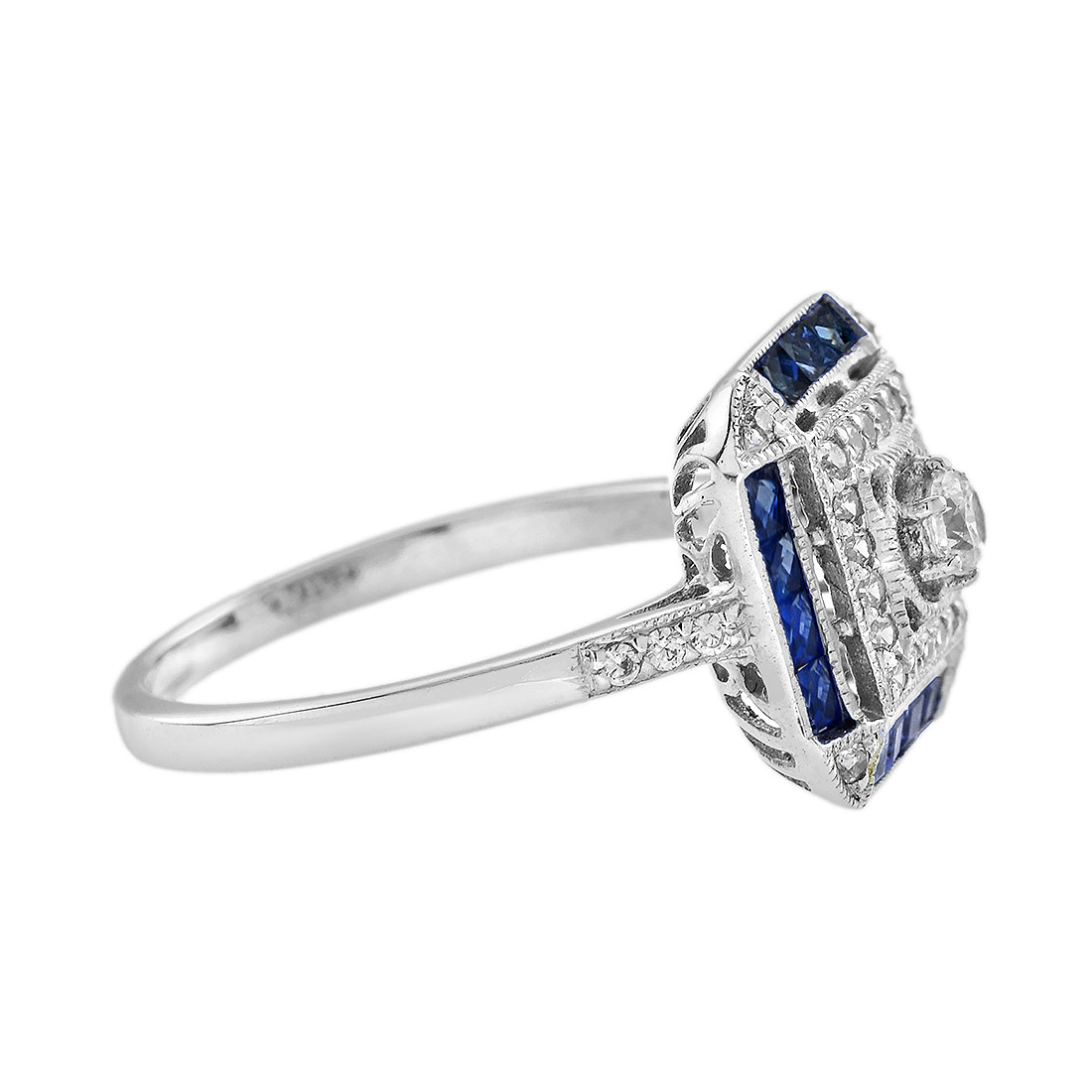 diamond-sapphire-halo-ring-art-deco-style-14k-white-gold-side Diamond and Sapphire Art Deco Style Halo Ring Side